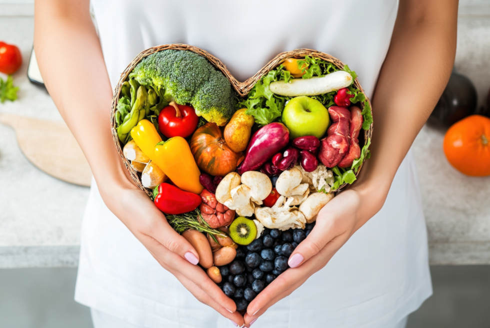 Symbolbild für eine gesunde Darmflora. Ein Korb in Herzform wird vor dem Bauch gehalten.