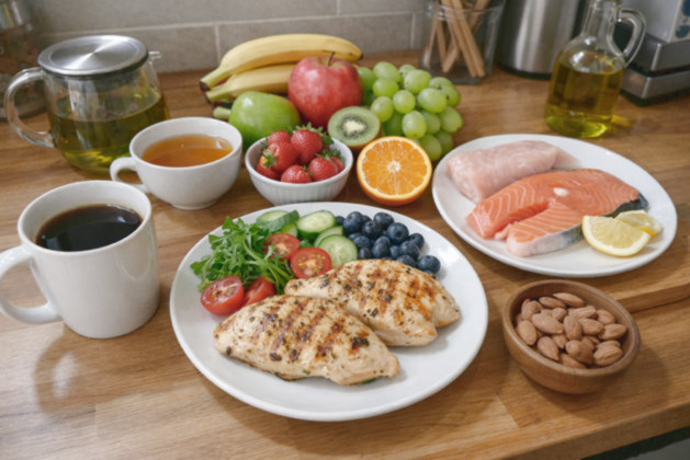 Bild gefüllter Tisch mit Fisch, Fleisch, Gemüse, Obst, Kaffee und Tee.