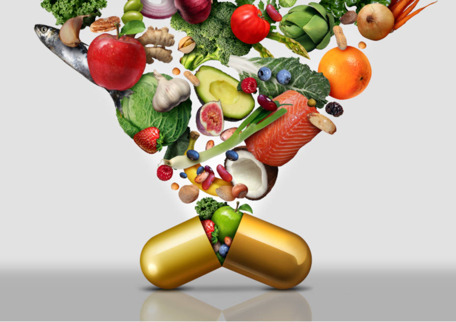 Symbolbild für eine Nähstoffanalyse: Obst und Gemüse springen aus einer Kapsel.